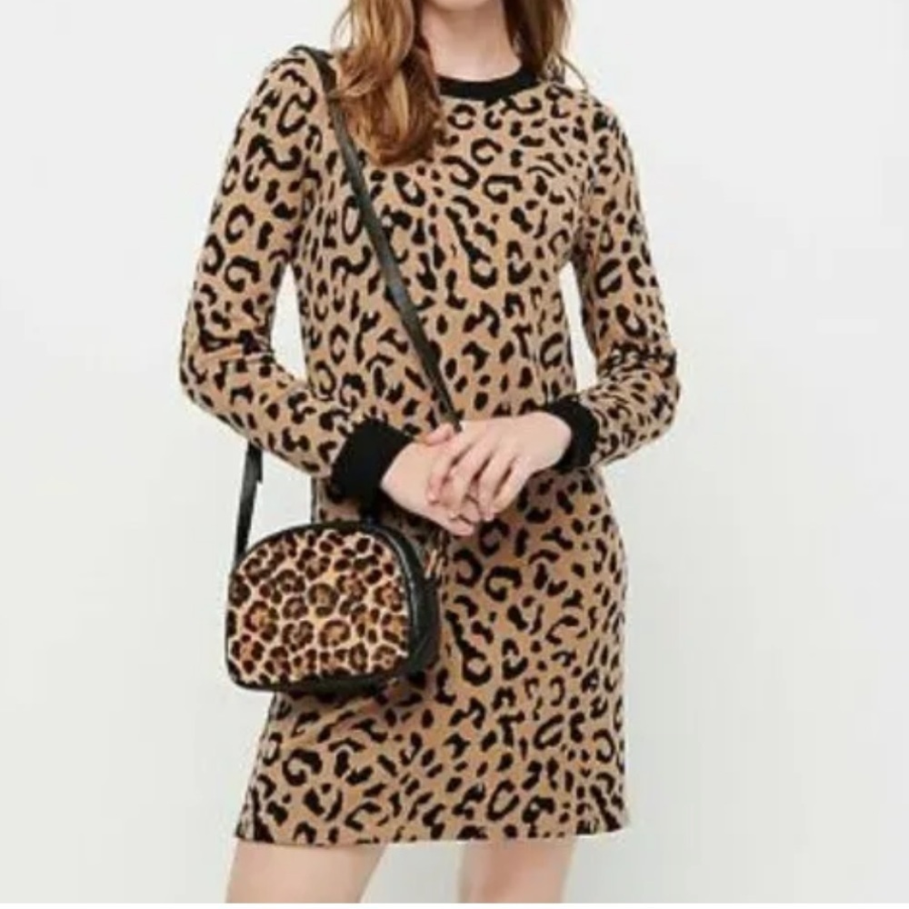 J.Crew Sweater Dress Size XS Tall Long Sleeve Leopard Print Mini Wool Blend